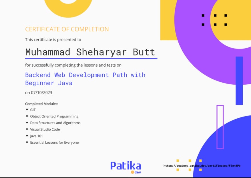Backend Web Development Path with Beginner Java certificate