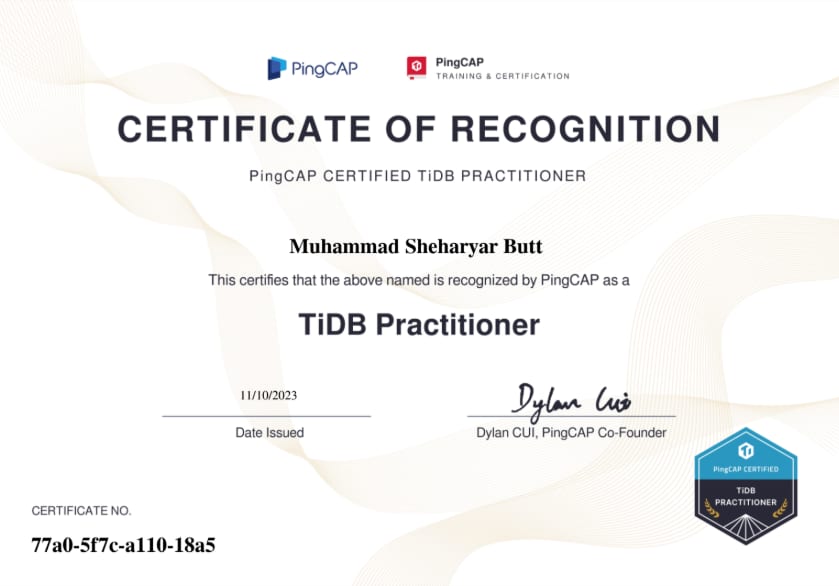 PingCAP Certified - TiDB Practitioner certificate